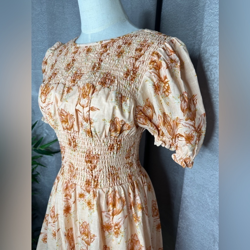 NEW Sabo Skirt Charlize Floral Puff Sleeve Mini Dress Pastel Orange Sz XS - Picture 6 of 13